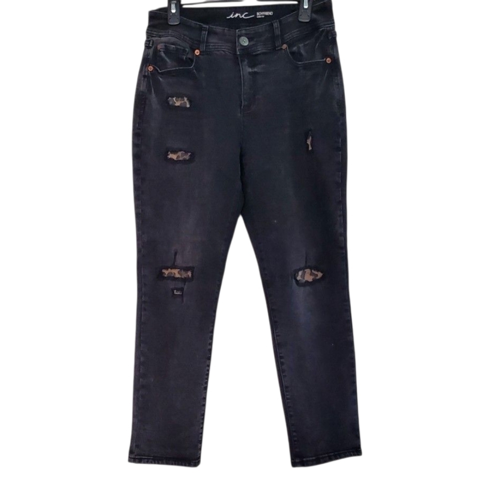 INC International Concepts Black Curvy Boyfriend Denim Leopard Patch Jean Size 8